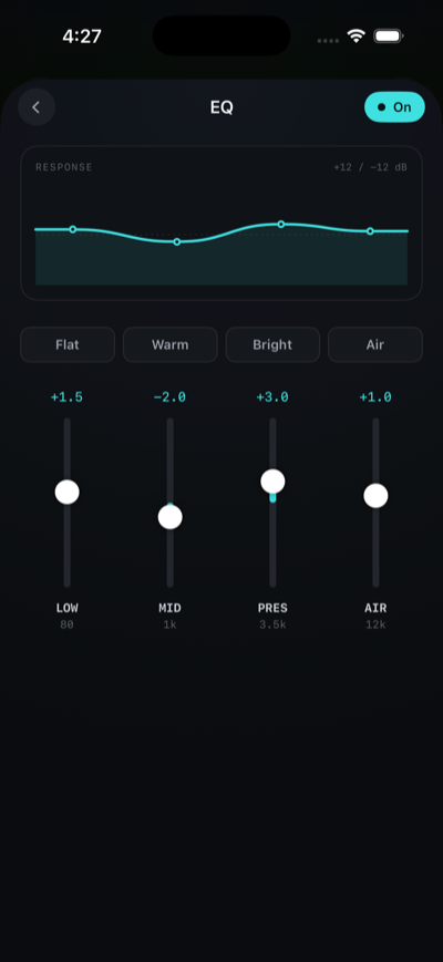 EQ とリバーブを調整する画面